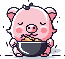 Cute pig holding a bowl of cereals. Vector illustration.