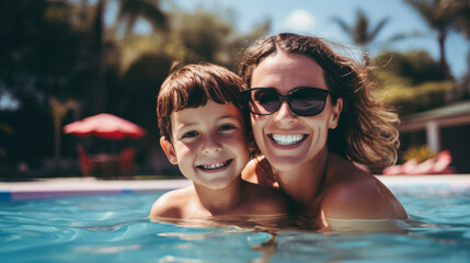 Obraz premium young mother bathes the baby in the pool