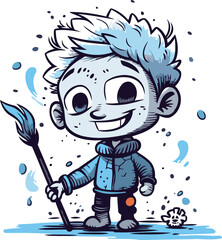 Cute boy with a broom in his hand. Vector illustration.