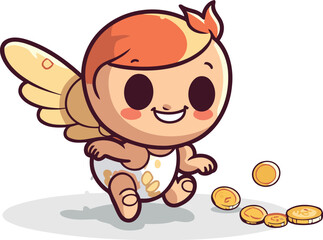 Cute little cupid running with coins. Vector cartoon character illustration.