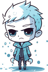 Cute cartoon boy with raincoat and blue eyes. Vector illustration.