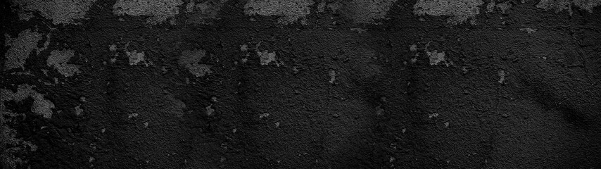 Old aged damaged cracked grunge black concrete cement plaster facade wall texture background banner  - obrazy, fototapety, plakaty