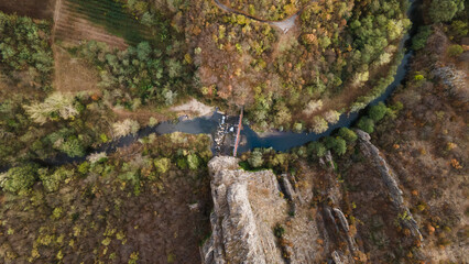 Top down aerial view drone image on the road trough the trees and forest in mountain range in autumn day in Serbia Travel journey and vacation concept