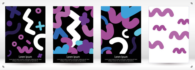 Abstract Minimal Vector Background in Trendy Doodle Style.   Vibrant Graphic Print with Dynamic Lines and Geometric Shapes.  Set of Vivid Poster 80s - 90s Design for Landing Page, Cover, Brochure.