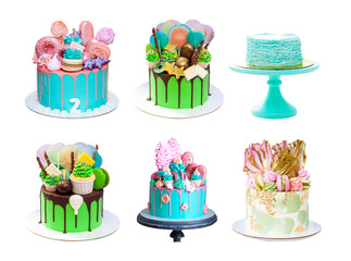 Assorted green cakes isolated on white background. Cakes with edible flowers, meringues, macarons,...