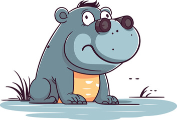 Cute hippopotamus sitting on the ground. Vector illustration.