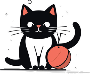 Cute black cat with a ball of tennis. Vector illustration.