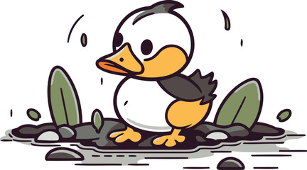 Duckling on the rock. Vector illustration on white background.