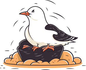 Seagull sitting on the nest. Vector illustration in cartoon style.
