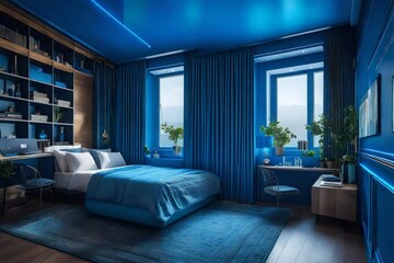 Naklejka na ściany i meble Beautiful badroom with blue wall