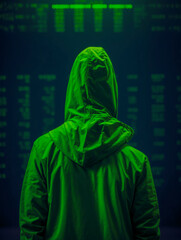 Hacker with green hoodie is looking at the monitors in the server room to steal the hidden datas.