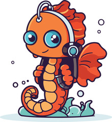 Obraz premium Cute sea animal with headphones. Vector illustration in cartoon style.