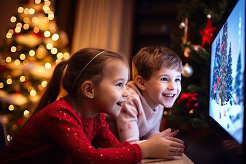 A Christmas scene with a family watching TV together, kids, and siblings, celebrating the holiday with joy.