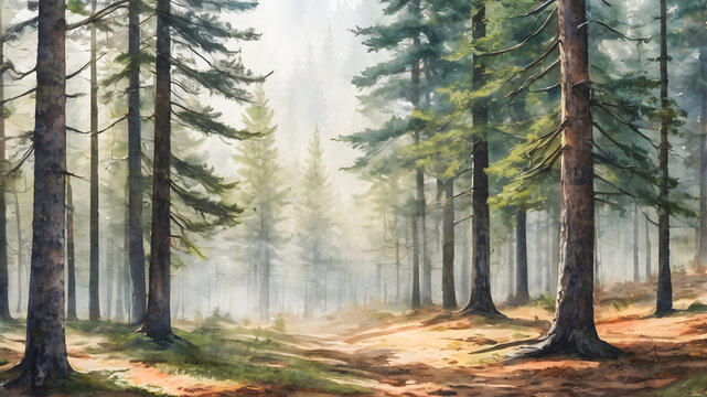 Digital painting of a misty forest with pine trees in the foreground