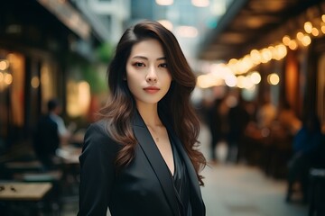 Obraz premium An elegant asian businesswoman with modern fashion. her serenity and sophistication on full display amidst the urban environment. generative AI