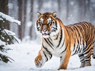 Siberian Tiger walking in the snow. Beautiful big cat in winter forest.