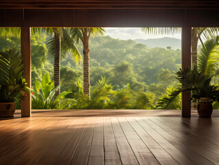 Wooden terrace with view of the tropical jungle in the morning