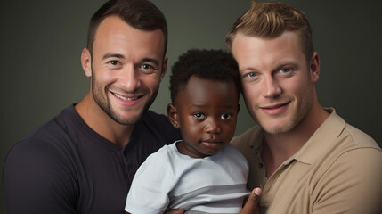 happy gay couple with their adopted baby child