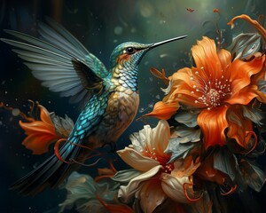 Obraz premium Flying hummingbird in a wistful painting with flowers
