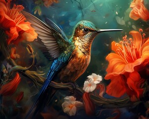 Fototapeta premium Colorful hummingbird surrounded by flowers