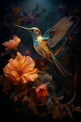 Hummingbird in a wistful painting with flowers