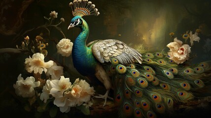 Obraz premium Peacock in a wistful floral background