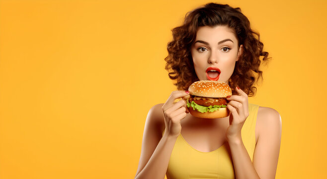 Young beautiful woman holding burger isolated  yellow background with copy space text