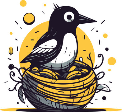 recommend clip art: Cute cartoon magpie bird sitting in the nest. Vector illustration.