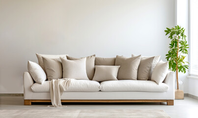 White living room, modern interior design, comfortable sofa, neutral cushions, white walls