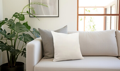 White living room, modern interior design, comfortable sofa, neutral cushions, white walls