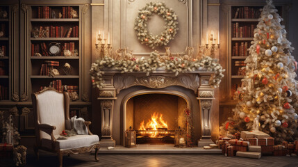 Festive Room View with Fireplace and Christmas Tree Decorations
