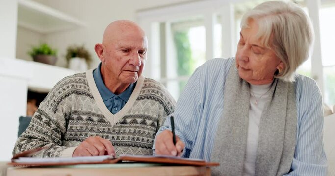 Senior couple, sign documents and insurance, contract and paperwork or agreement. Elderly people, marriage and form questions on application for retirement, planning and investment on sofa by home