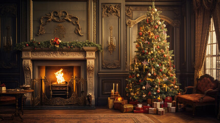 Fototapeta na wymiar Festive Room View with Fireplace and Christmas Tree Decorations