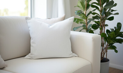 White living room, modern interior design, comfortable sofa, neutral cushions, white walls