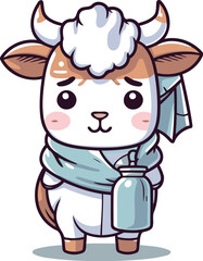 Obraz premium Cute cartoon cow with a bottle of milk. Vector illustration.