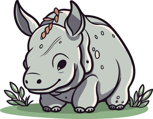 Naklejka premium Cartoon rhinoceros on the grass. Vector illustration.