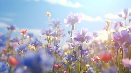 Landscape of beautiful wildflowers in cool blue colors. AI generative.