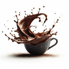 liquid spray coffee with beans splash and cup isolated on white background
