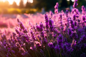 Field of lavender flowers with the sun shining in the background.