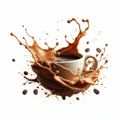 liquid spray coffee with beans splash and cup isolated on white background
