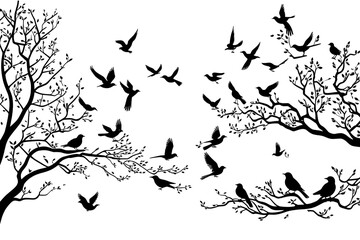 silhouettes of birds on tree