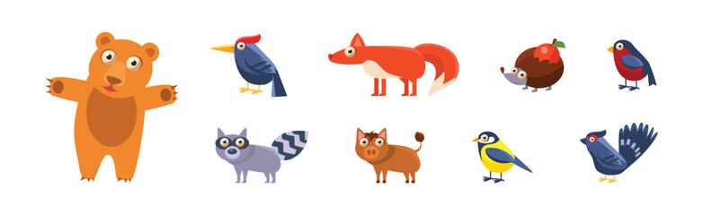 Forest Animals with Bear, Woodpecker, Fox, Hedgehog, Boar and Bird Vector Set