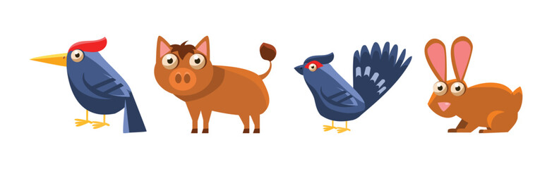 Forest Animals with Woodpecker, Boar, Magpie and Bunny Vector Set