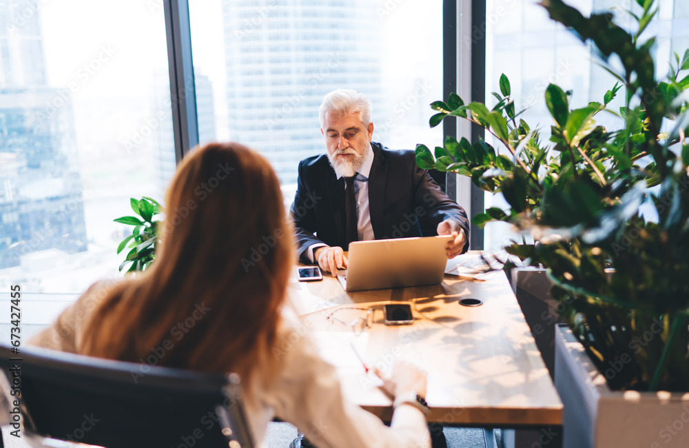 Sticker senior businessman working with partner in office