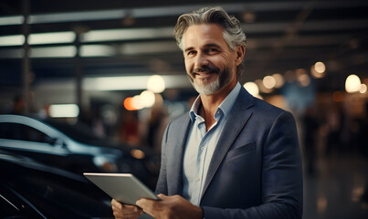 A mature businessman is using a digital tablet, while a car salesperson at the dealership is also using a tablet,