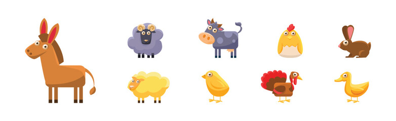 Farm Animals with Donkey, Ram, Cow, Chick, Bunny and Turkey Vector Set