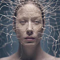A female android with white neural network wires attached to her face.