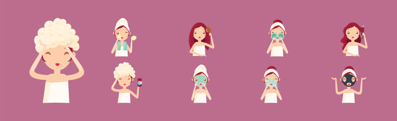Cosmetic Care Routine with Woman Character Vector Set