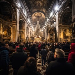 people attend midnight mass on Christmas Eve - obrazy, fototapety, plakaty