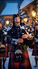 Fototapeta na wymiar musicians in Scottish clothing perform Christmas carols on bagpipes in the square